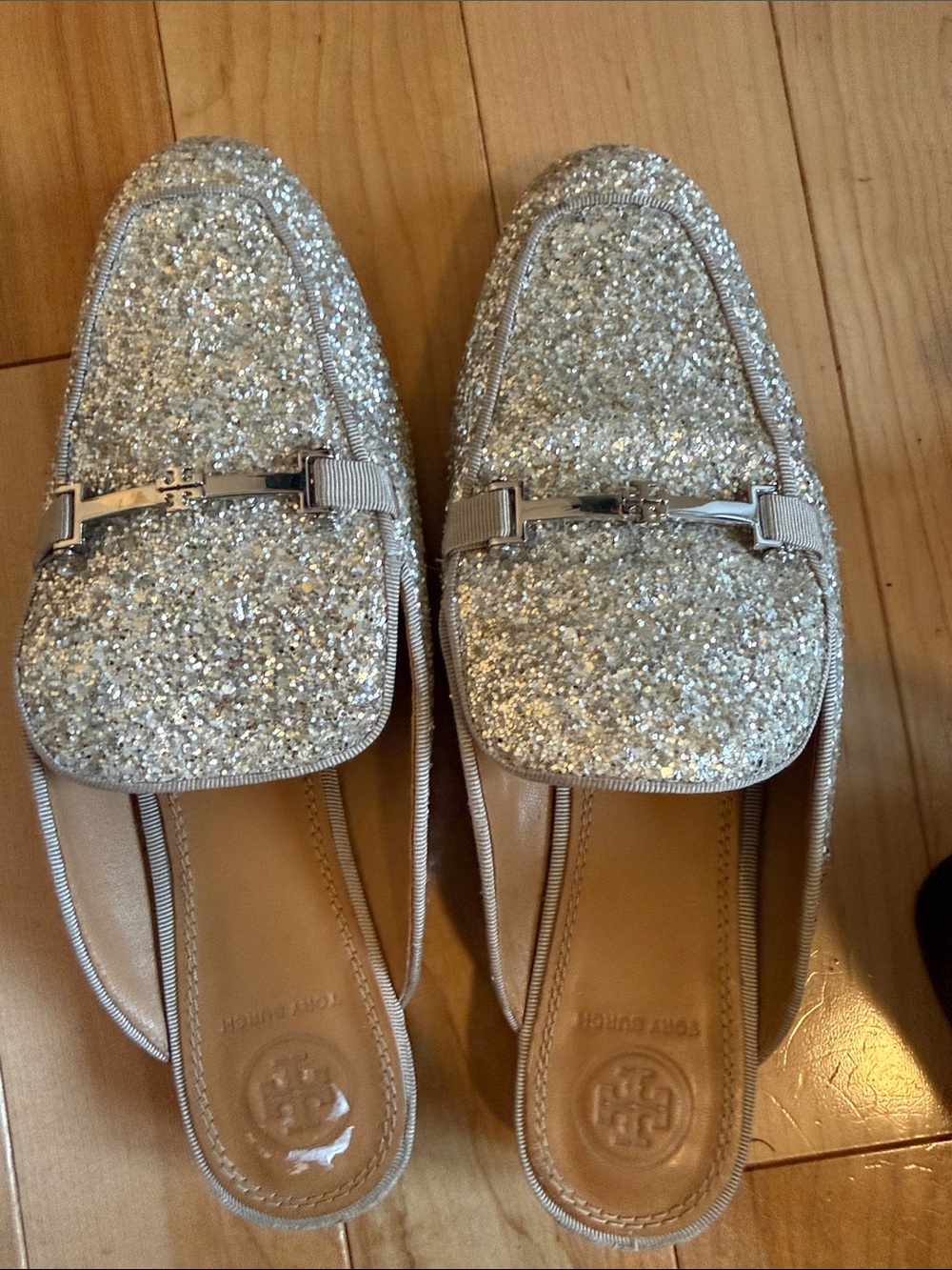 Tory Burch Silver Glitter Slip-On Mules